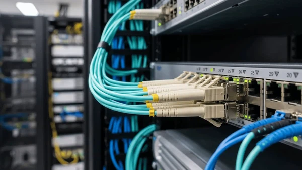 Duplex LC fiber optic connectors connected to SFP transceivers in a high-density data center switch Duplex LC fiber optic connectors connected to SFP transceivers in a high-density data center switch